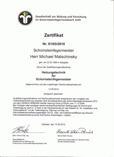 Zertifikat: Installateur & Heizungsbauer nach HwO §7a